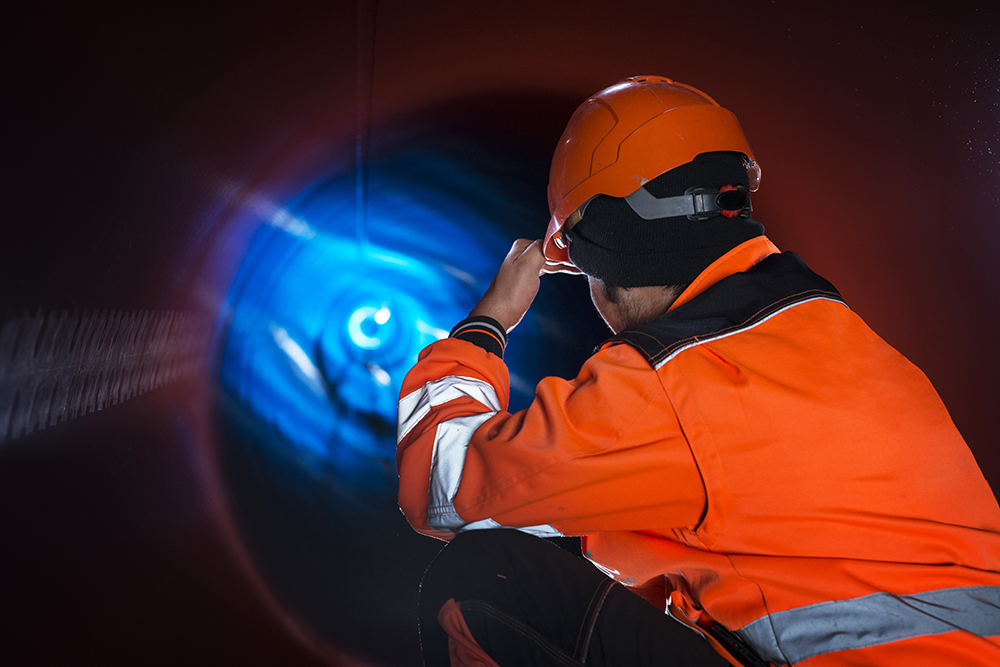 Trabajador minero con casco y equipo de protección completo.